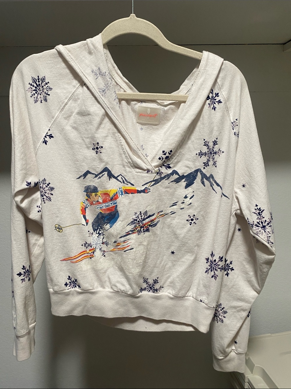 Free People movement white Ski Graphic Hoodie with Navy Snowflake Accents - Picture 1 of 4